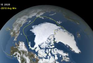 Arctic sea ice minimum on 15 September 2020, with 30-year average extent in yellow. Image: NASA.