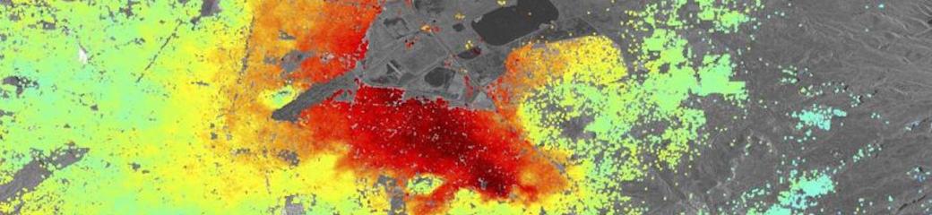 Five Sentinel-1A radar scans acquired between 3 October and 2 December 2014 were combined to create this image of ground deformation in Mexico City. The deformation is caused by ground water extraction, with some areas of the city subsiding at up to 2.5 cm/month (red). Image: Copernicus data (2014)/ESA/DLR Microwave and Radar Institute–SEOM InSARap study.